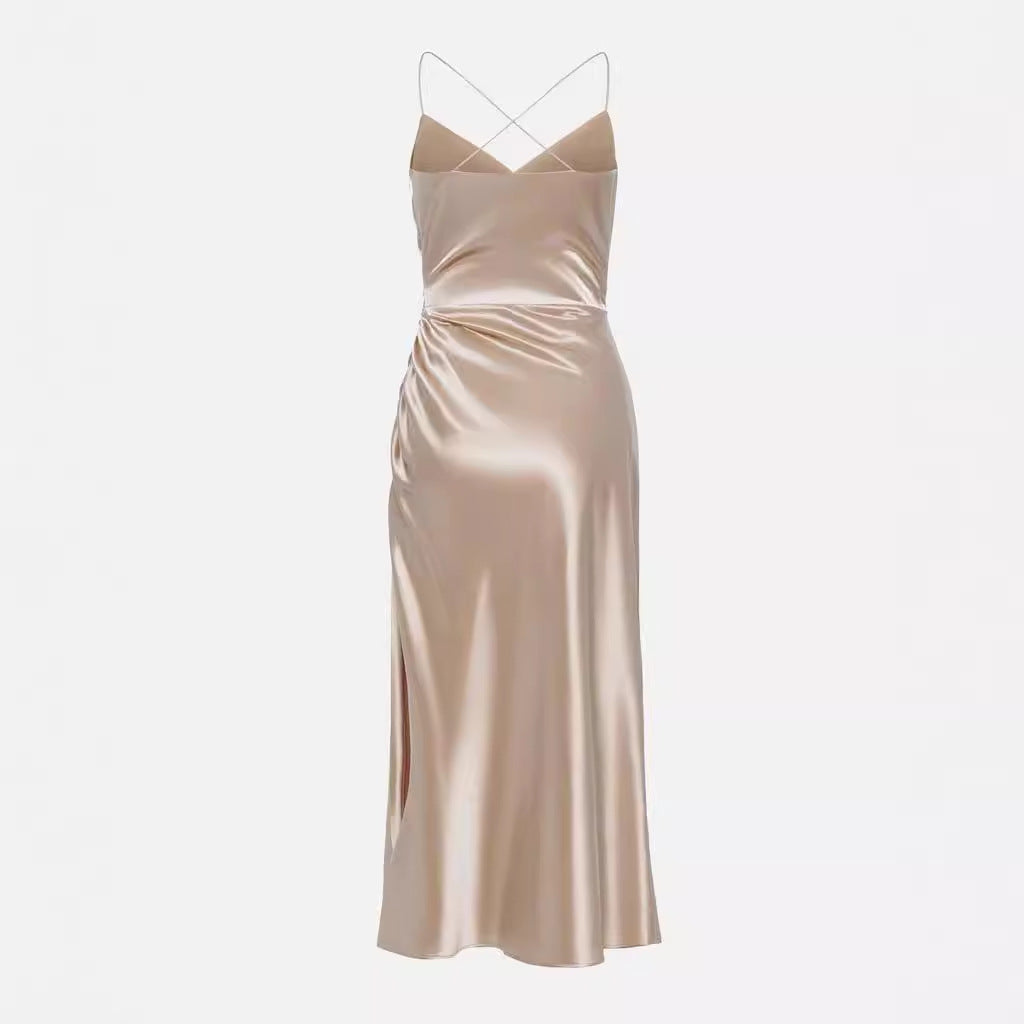 Damen Elegantes und figurbetontes Satinabendkleid mit tiefem Ausschnitt und Seitenschlitz Drune