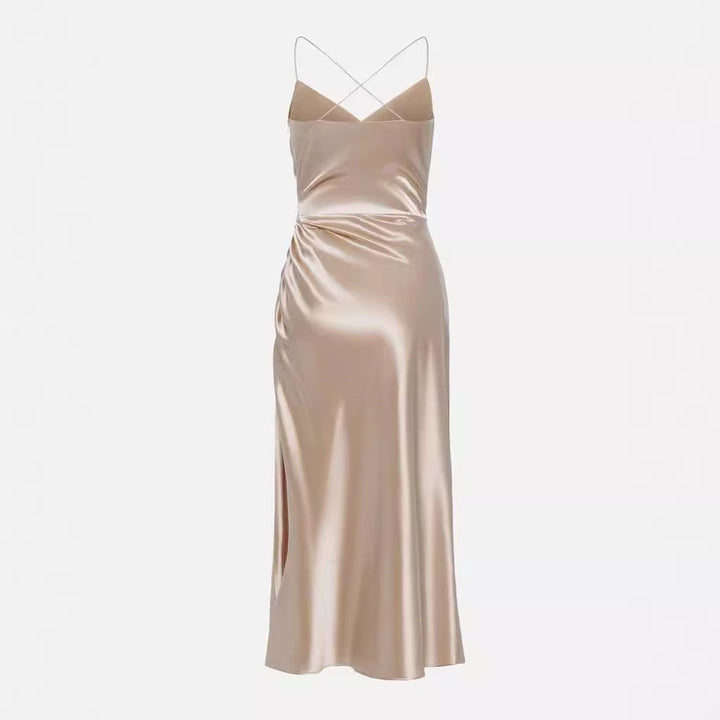 Damen Elegantes und figurbetontes Satinabendkleid mit tiefem Ausschnitt und Seitenschlitz Drune