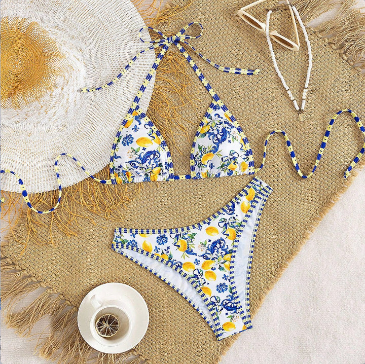 Damen Triangel-Bikini mit floralem Design und Bindedetails Drune