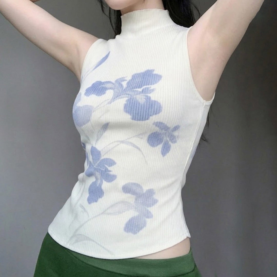 Damen ärmelloses Oberteil mit floralem Druck und elegantem Stehkragen Drune