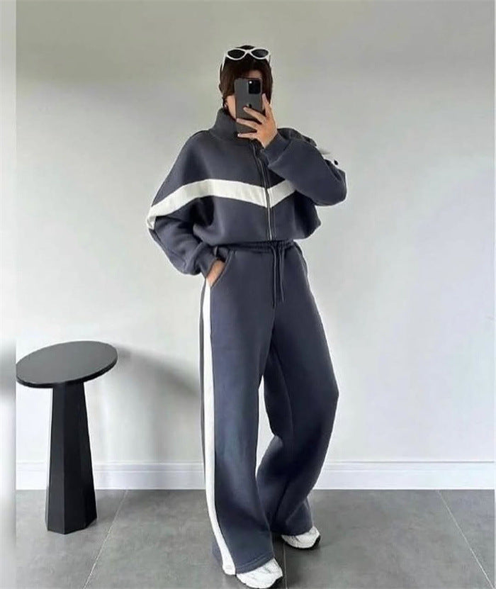 Damen nan zweiteiliges Lounge-Set mit Zip-Hoodie und weitem Highwaist-Hose mit Seitenstreifen Drune