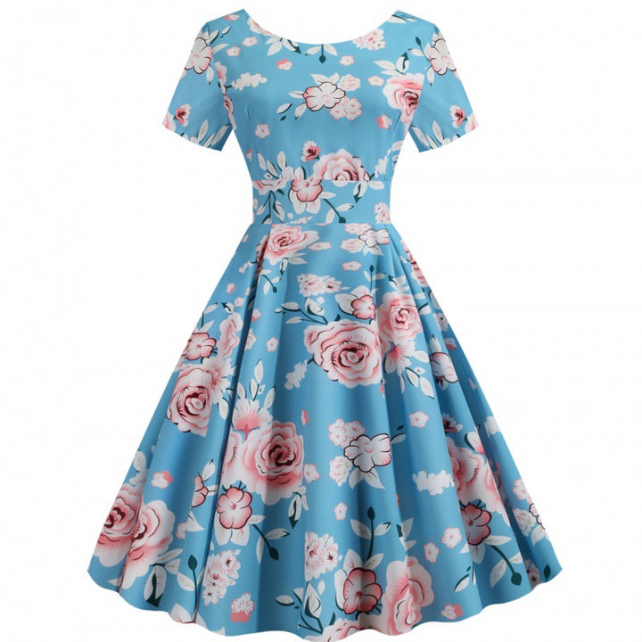 Damen A-Linien Kleid mit floralem Muster und schwingendem Rock Drune