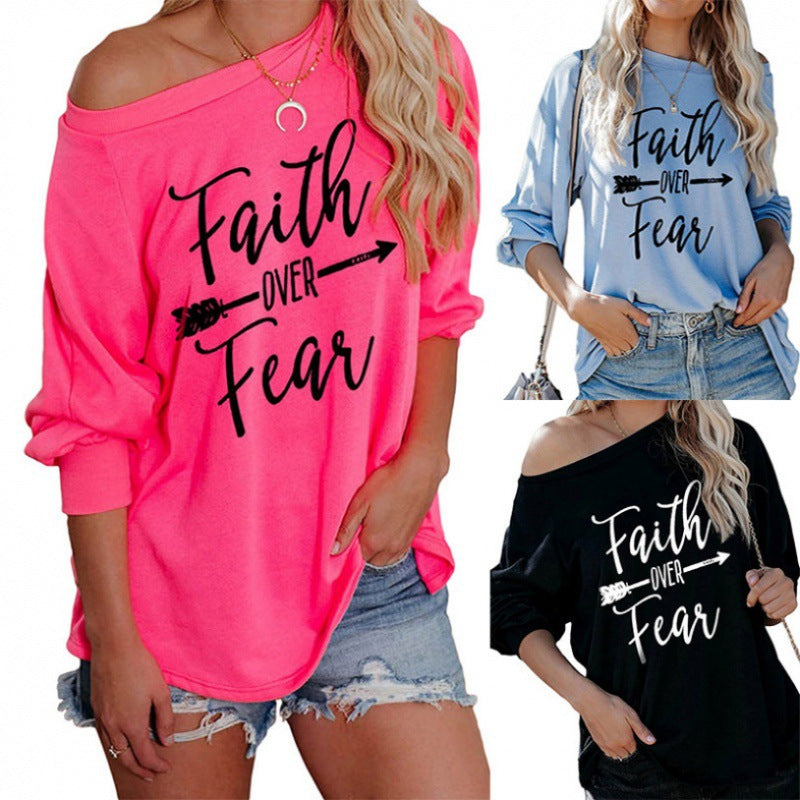 Damen Lässiger Off-Shoulder Pullover mit inspirierendem Druck Drune