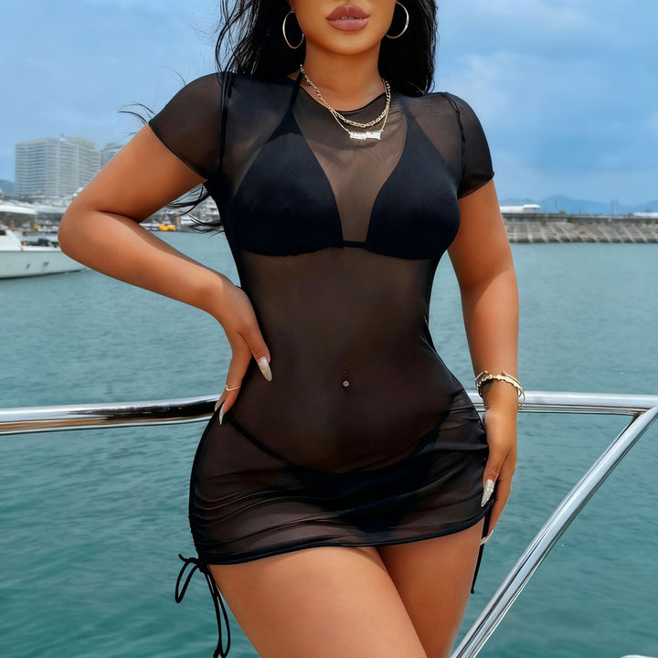 Damen Strandkleid mit transparentem Oberteil und verstellbarem Kordelzug Drune