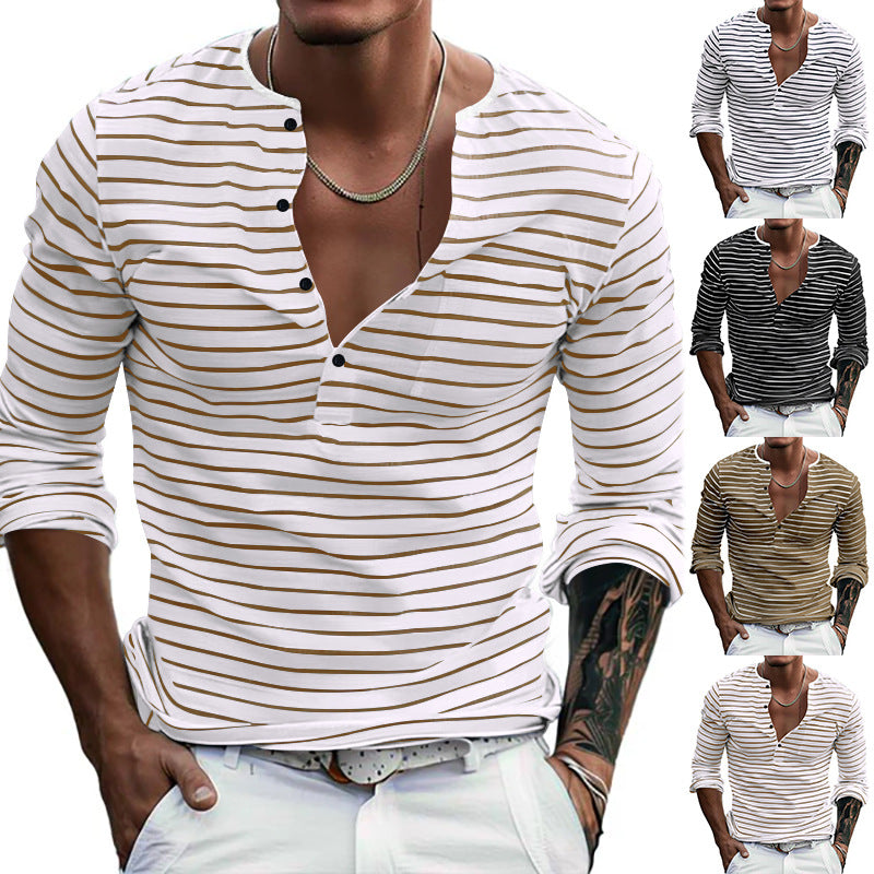 Herren Langarm-Henley-Shirt mit modischem Streifenmuster Drune
