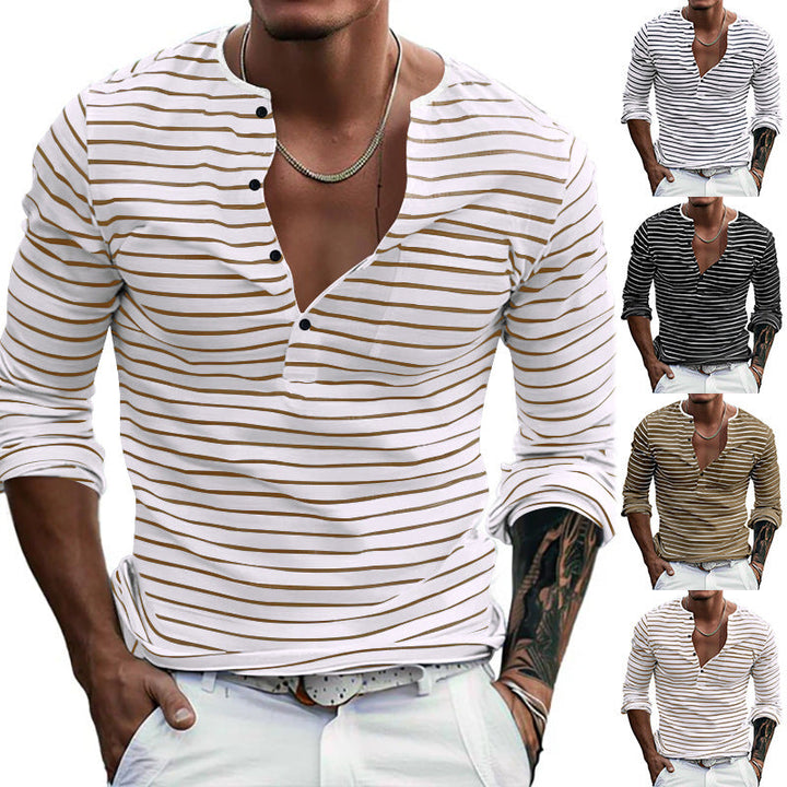 Herren Langarm-Henley-Shirt mit modischem Streifenmuster Drune
