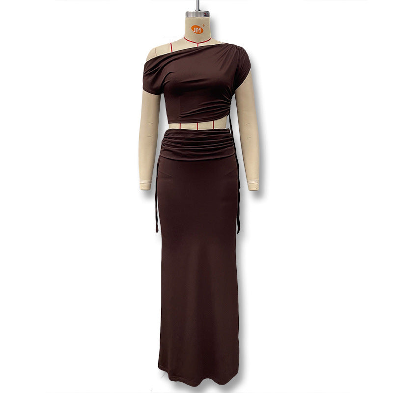 Damen Langarm-Maxikleid mit asymmetrischem Schnitt und elegantem Oberteil Drune