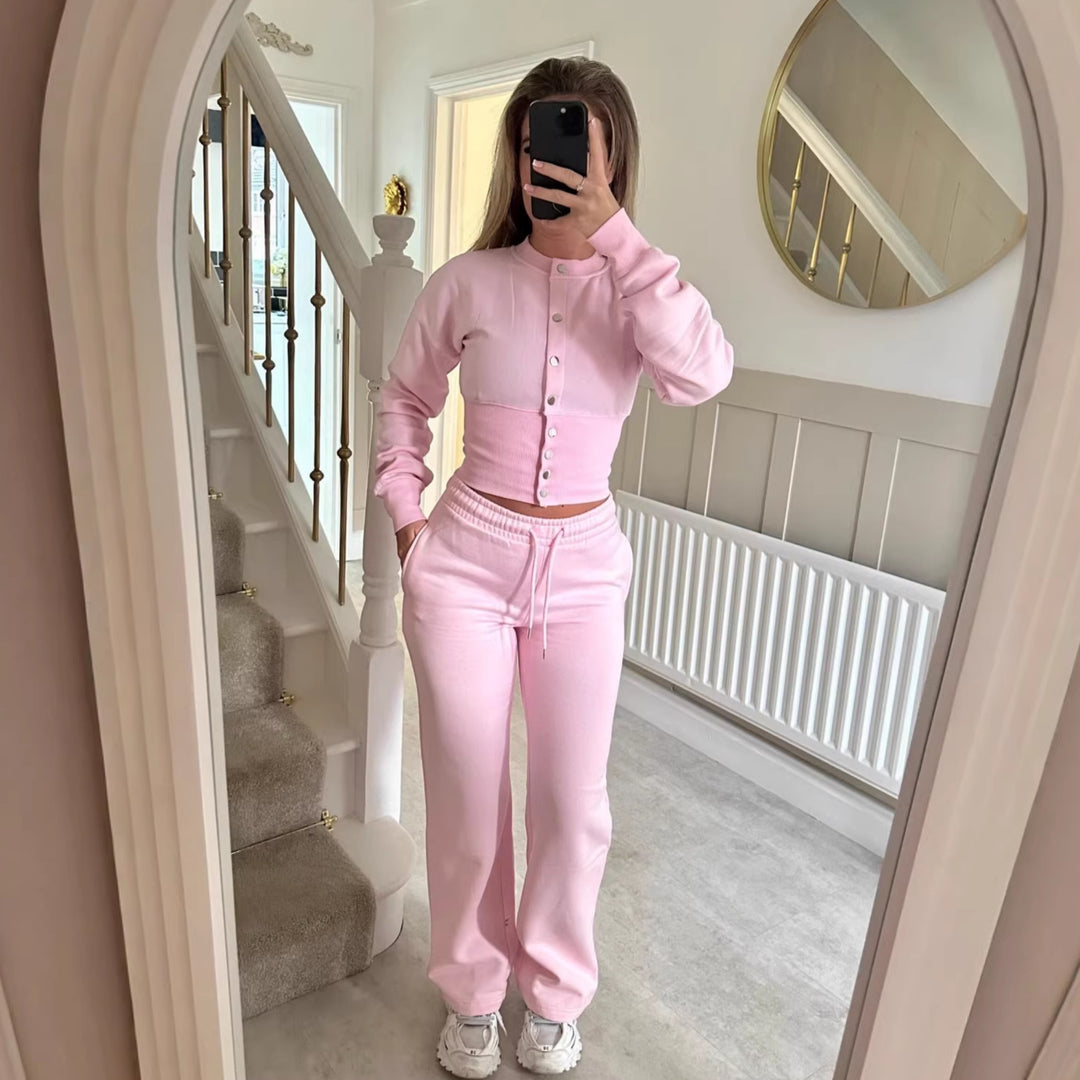 Damen gemütliches Strick-Loungewear-Set mit Knopfleiste Drune