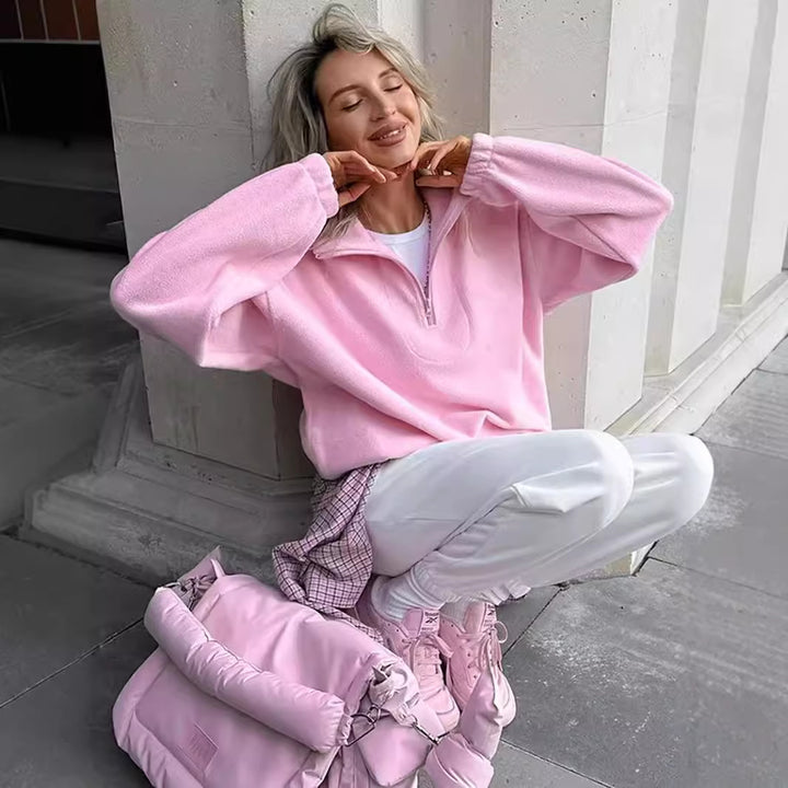 Damen Kuscheliger Fleece-Pullover mit kurzem Reißverschluss Drune