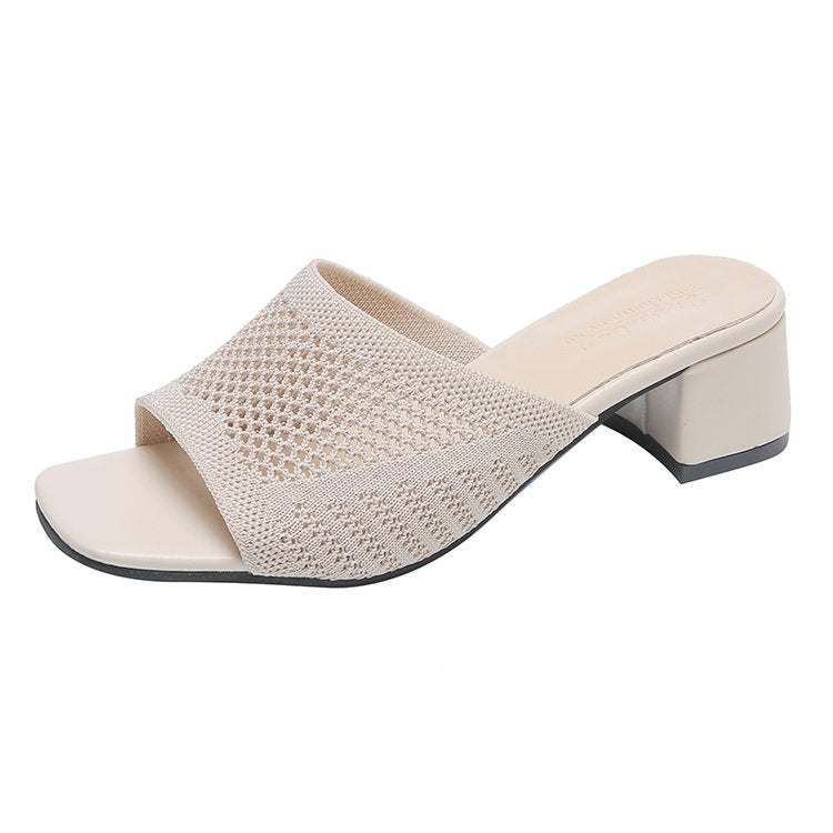 Damen nan gestrickte Sommermule mit niedrigem Blockabsatz und quadratischer Zehenform Drune
