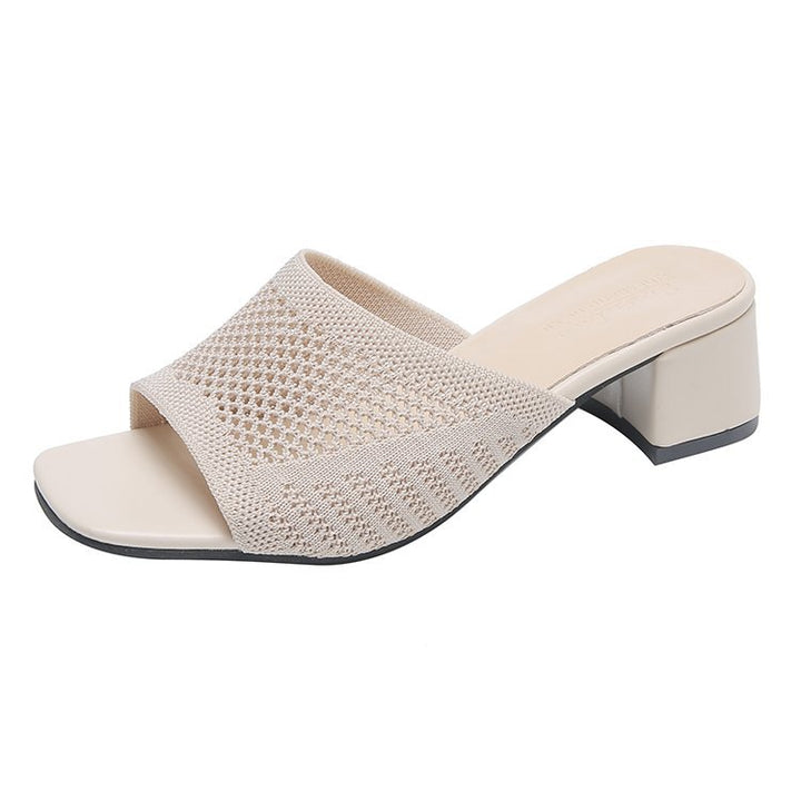 Damen nan gestrickte Sommermule mit niedrigem Blockabsatz und quadratischer Zehenform Drune