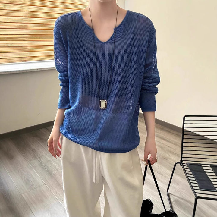 Damen luftiger Strickpullover mit V-Ausschnitt und lässigem Schnitt Drune
