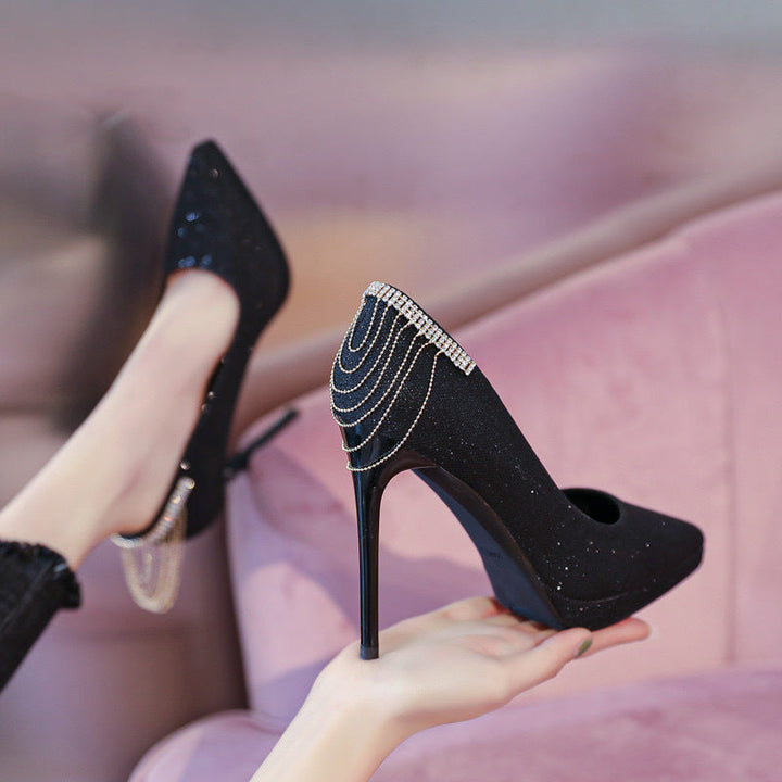 Damen nan elegante Abend-Pumps mit feinem Glitzermesh, spitzer Zehenpartie, filigranem Stilettoabsatz und dekorativer Fersenapplikation Drune