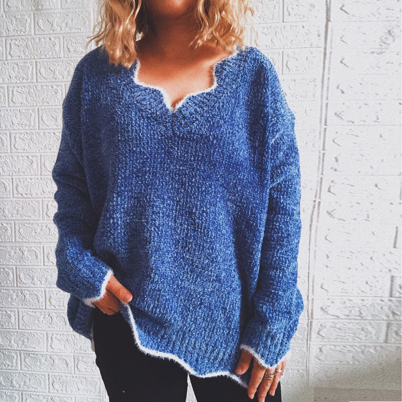 Damen lässiger Strickpullover mit weitem V-Ausschnitt und asymmetrischem Saum Drune
