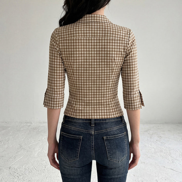 Damen nan taillierte Dreiviertelarm Karobluse mit Brustpattentaschen und Hemdkragen Drune