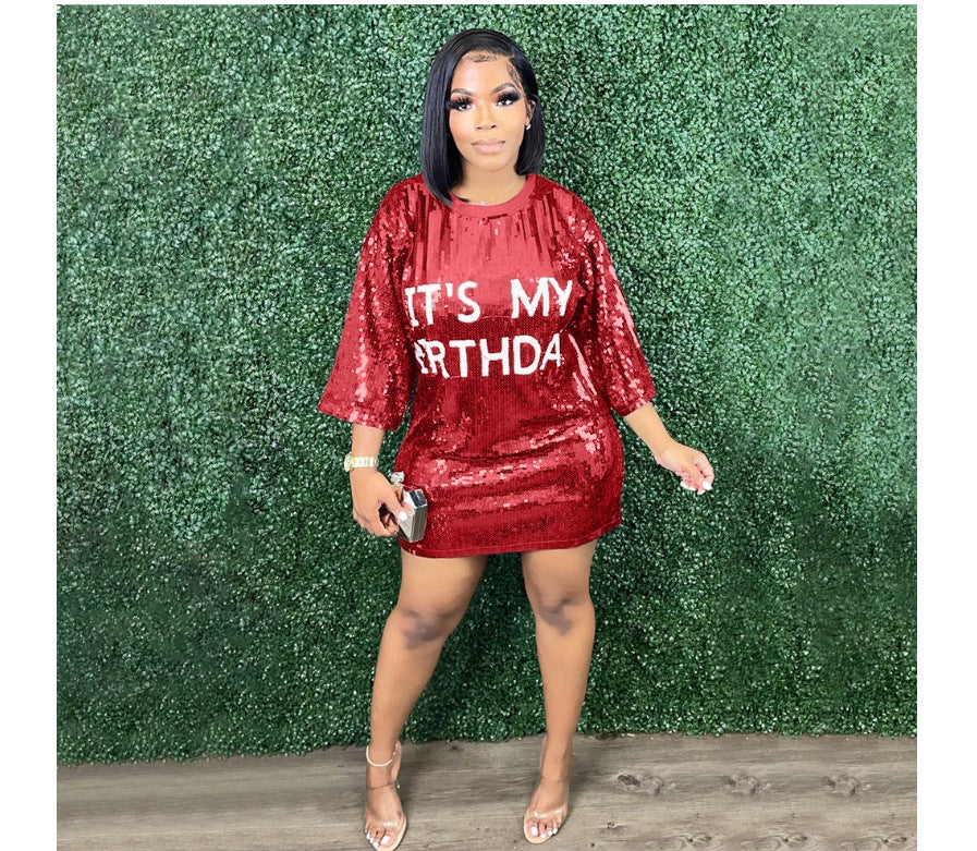 Damen Glitzerndes Partykleid mit kurzen Ärmeln und lässigem Schnitt Drune