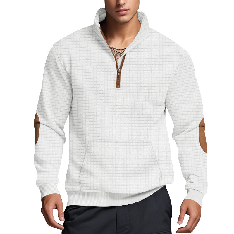 Herren nan gestepptes Halfzip-Sweatshirt mit Stehkragen, Kängurutasche und Kunstleder-Ellenbogenpatches Drune