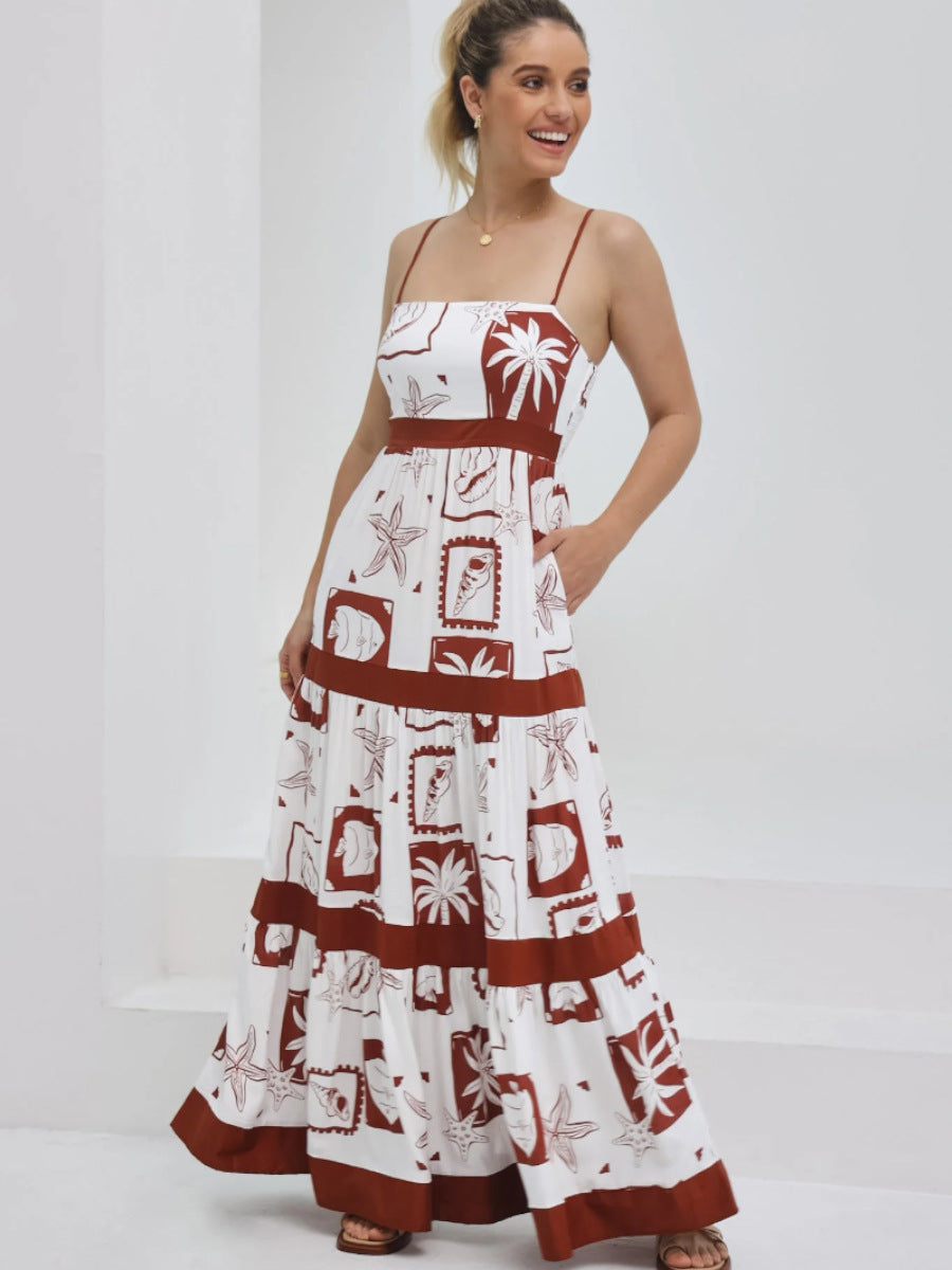 Damen Maxikleid mit elastischem Taillenbund und bohemian Muster Drune