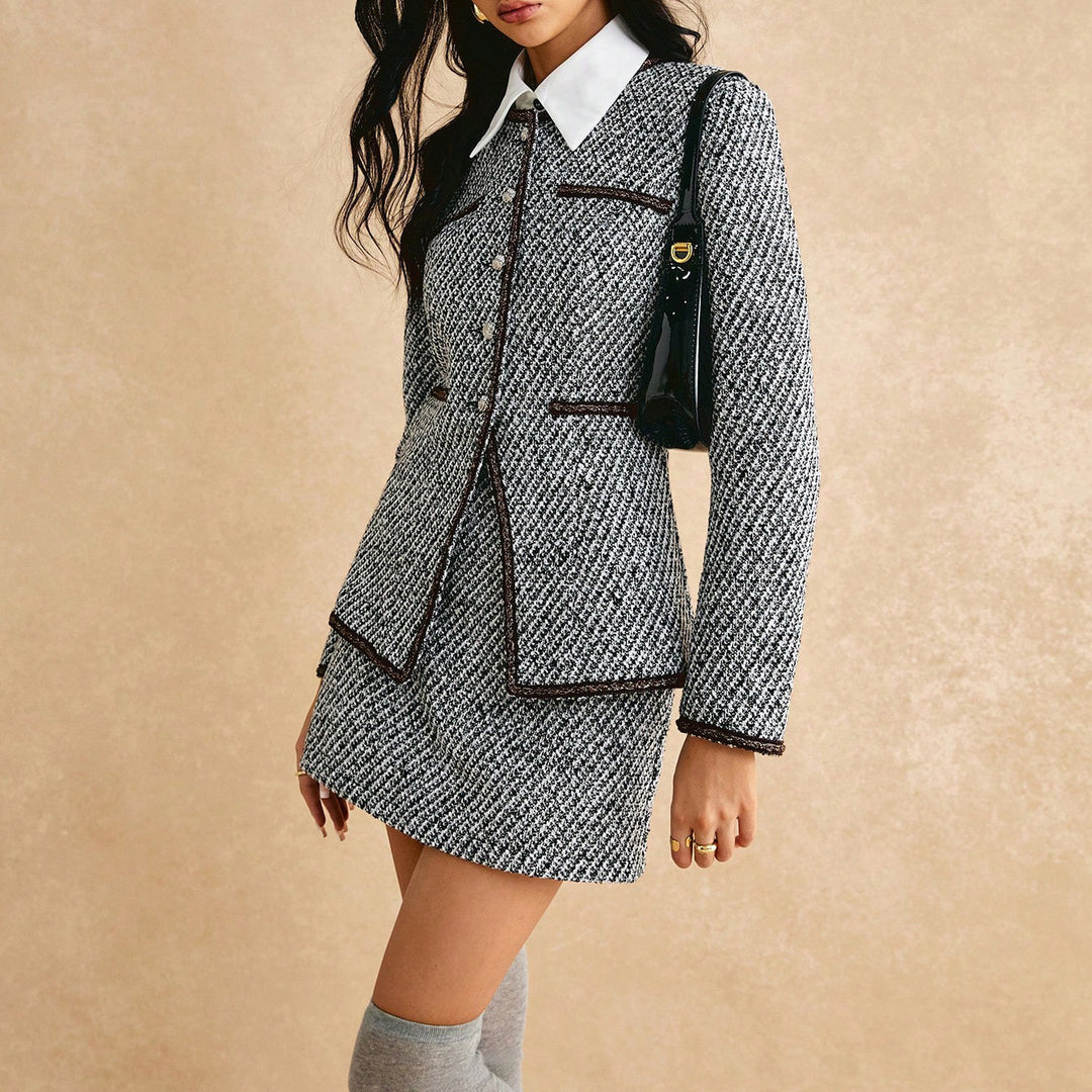 Damen Tweed-Blazer-Rock-Set mit stylischem Kragen und eleganten Details Drune