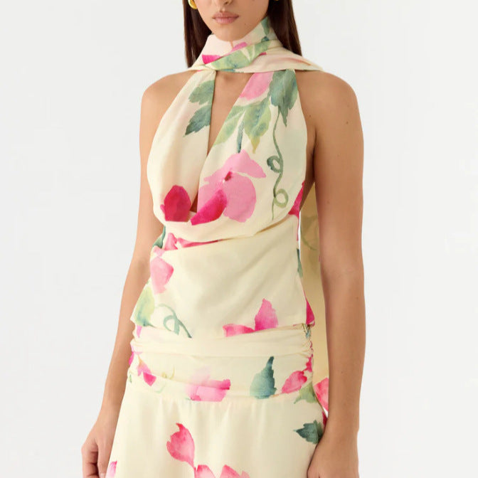 Damen Elegantes Chiffon-Top mit floralem Halsband und tiefem Ausschnitt Drune