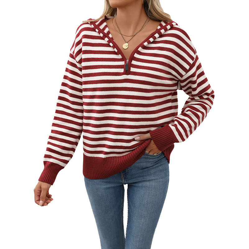 Damen gemütlicher Strickpullover mit modischem Reißverschluss und Streifenmuster Drune