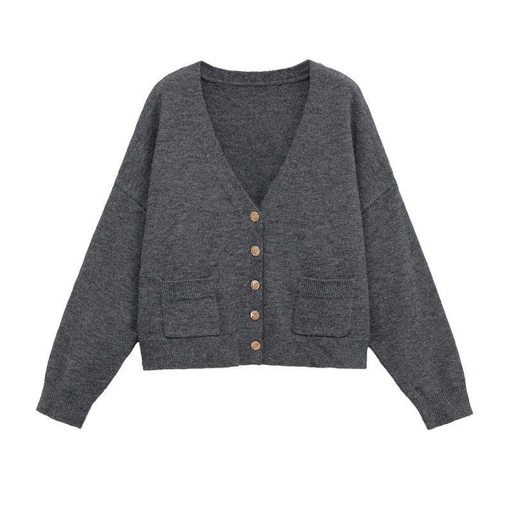 Damen Cropped Strickjacke mit V-Ausschnitt und Knopfdetails Drune