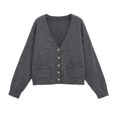 Damen Cropped Strickjacke mit V-Ausschnitt und Knopfdetails Drune