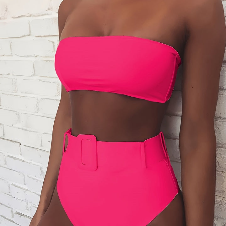 Damen Bandeau-Bikini-Set mit hoch taillierter Hose und trendigem Gürteldetail Drune