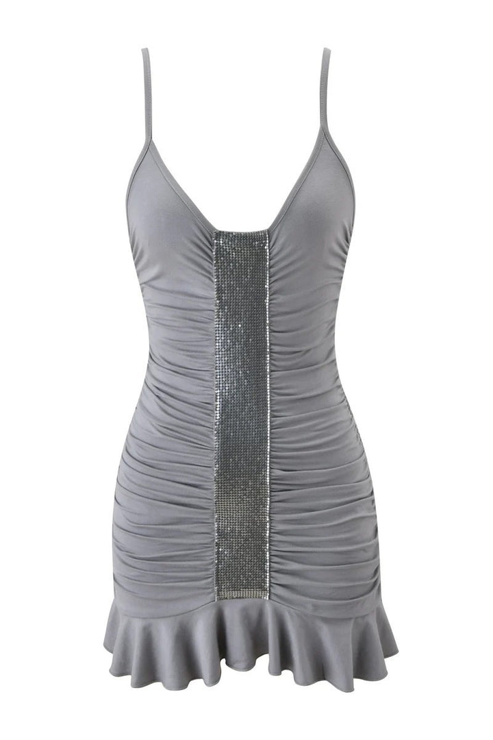 Damen verführerisches Minikleid mit Rüschensaum und glitzerndem Detail Drune
