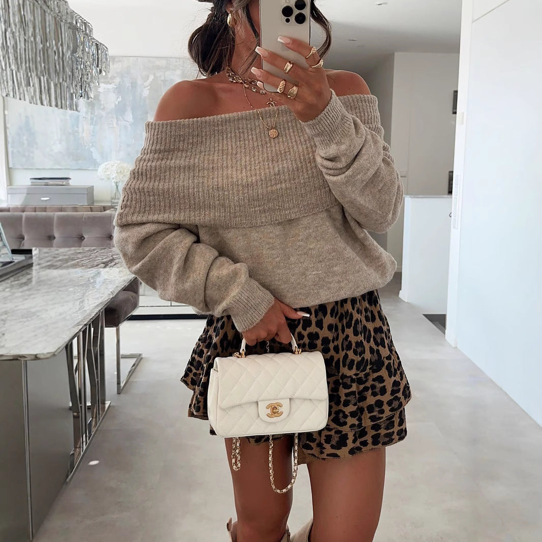 Damen lässiger Off-Shoulder Pullover mit Rippenstruktur Drune