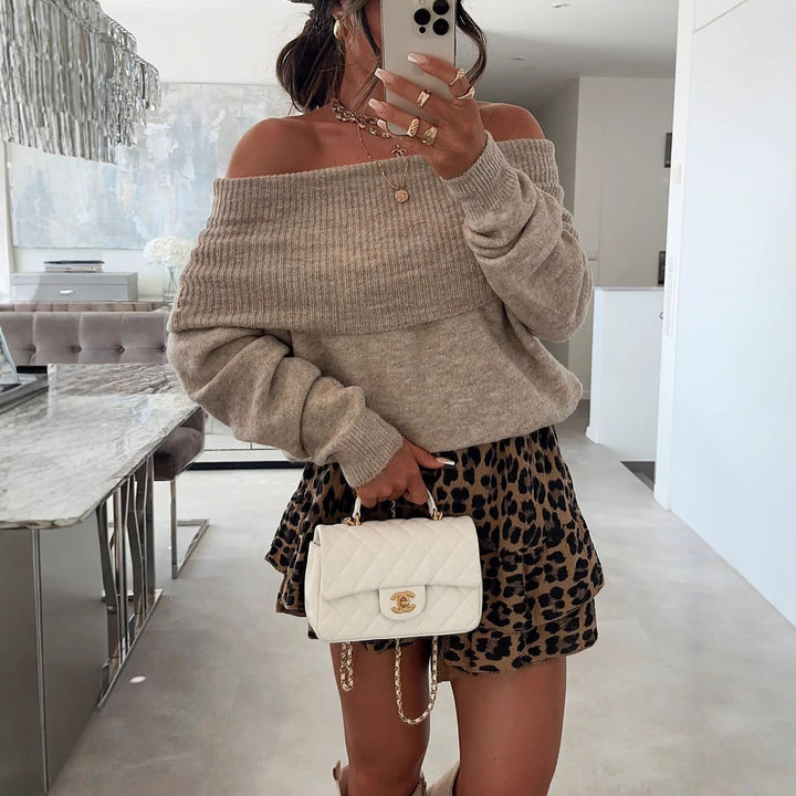 Damen lässiger Off-Shoulder Pullover mit Rippenstruktur Drune