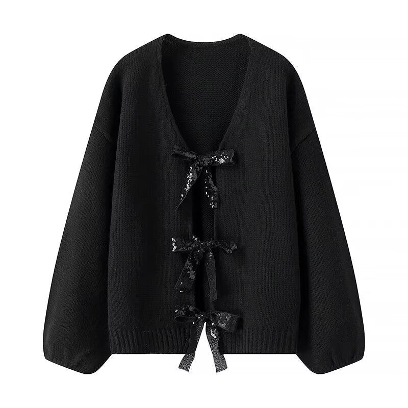 Damen Modischer Strickcardigan mit glamourösen Schleifen Drune