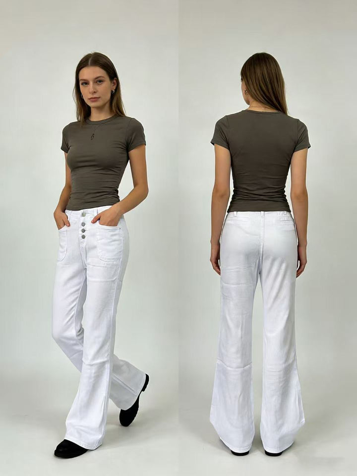 Damen Bootcut-Jeans mit hohem Bund und knöpfbarem Verschluss Drune