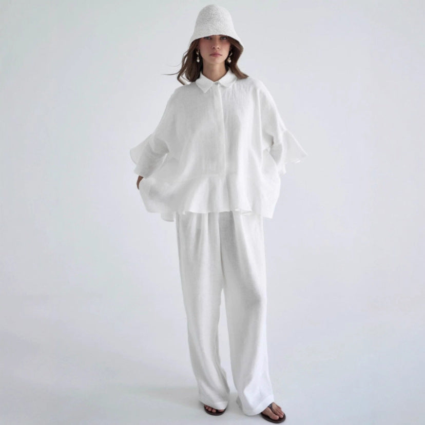 Damen Leinenbluse mit voluminösen Ärmeln und weiten Hosen Drune