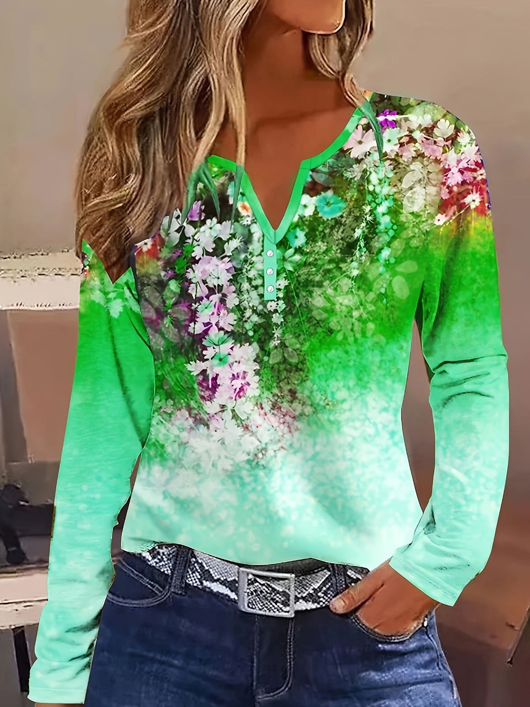Drune | Floral Rundhals Langarmshirt