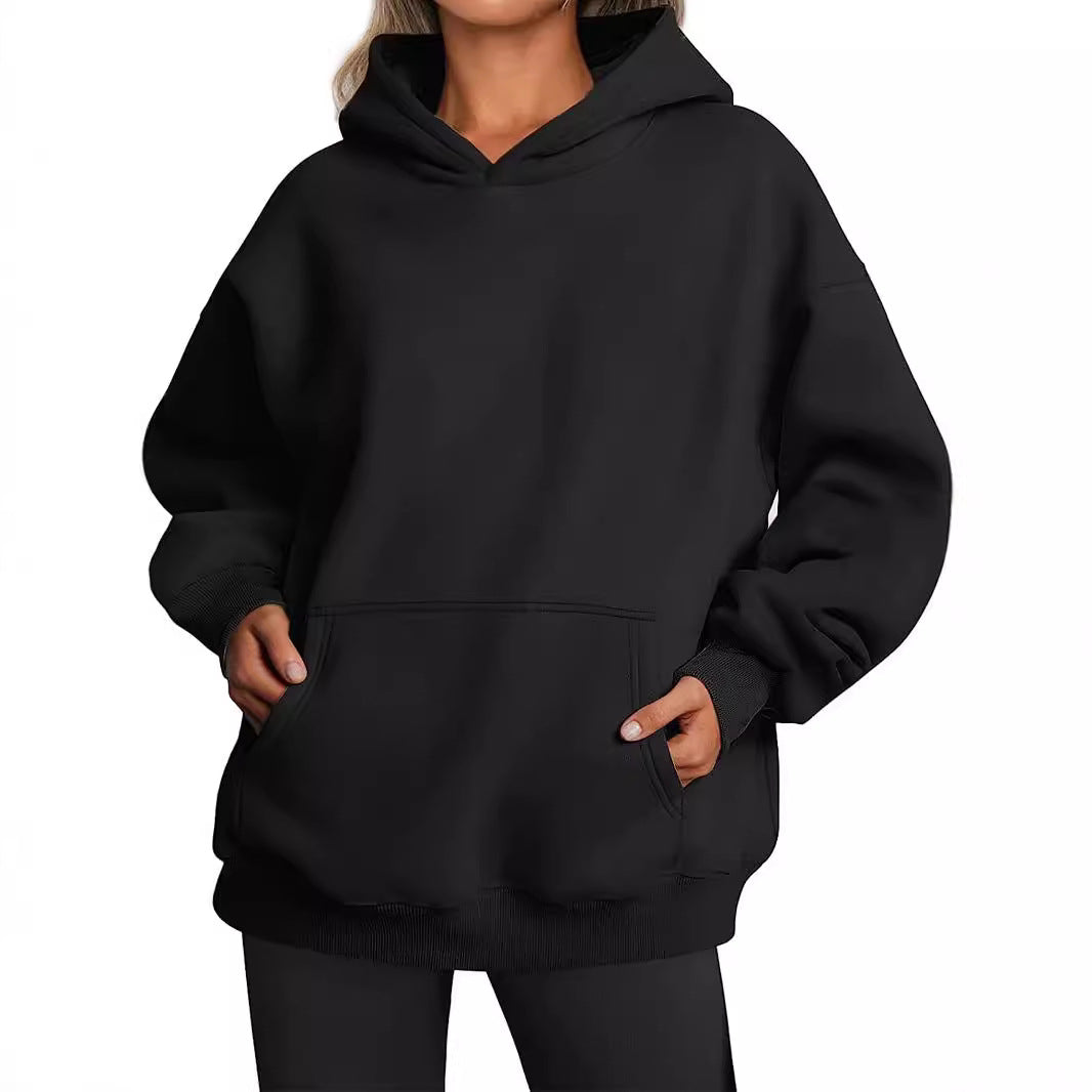 Damen nan Relax-Fleece Kapuzenpullover mit Kängurutasche, verlängerter Rücken und überschnittener Schulter Drune