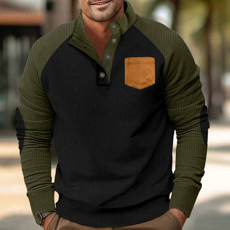 Herren nan geripptes Waffel-Henley-Langarmshirt mit Stehkragen Druckknopfleiste Kontrastärmeln und Brusttasche Drune