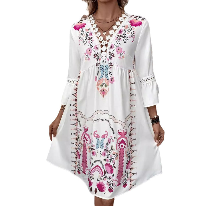 Damen Boho-inspiriertes Kleid mit Spitzen-Details und floralem Muster Drune
