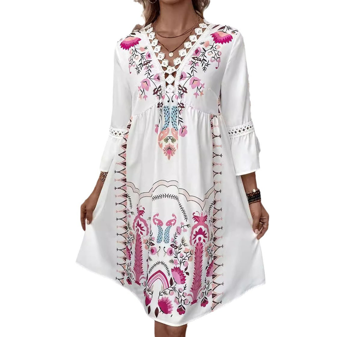 Damen Boho-inspiriertes Kleid mit verspielten Stickdetails und weich fließendem Schnitt Drune