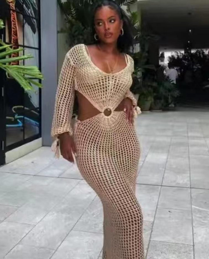 Damen Häkel-Maxikleid mit Cut-Out-Details und dekorativem Gürtel Drune