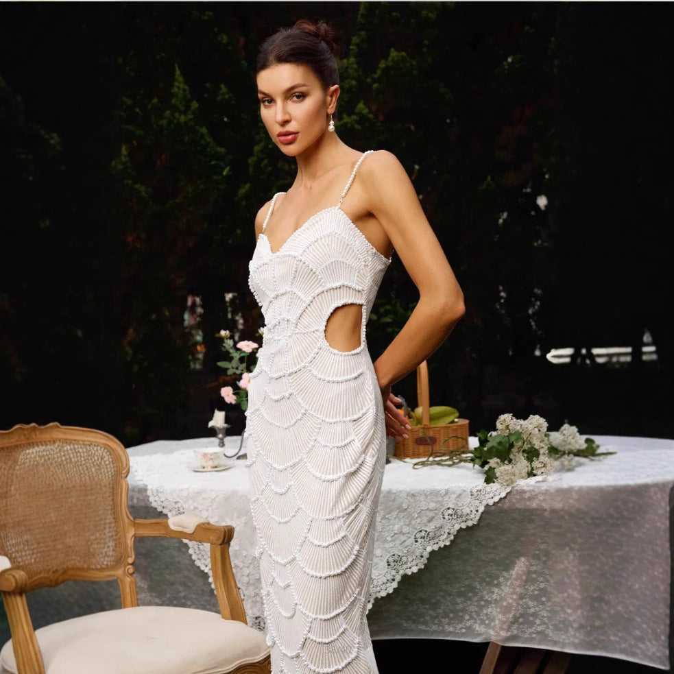 Damen Elegantes Midi-Kleid mit rückseitigen Cut-Outs und dekorativem Wellendesign Drune