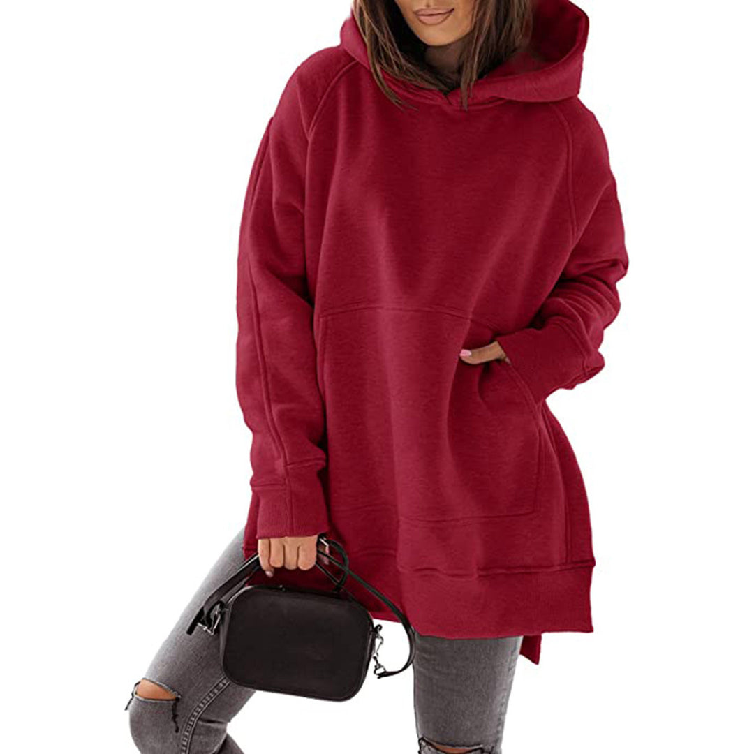 Damen lässiger Oversized Hoodie mit seitlichen Schlitzen und Kängurutasche Drune