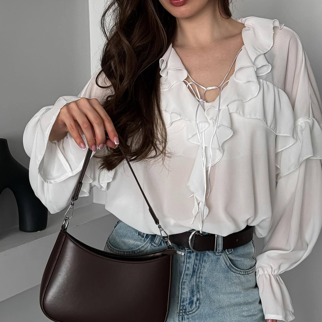 Damen Bluse mit verspieltem Volant und Bindegürtel Drune