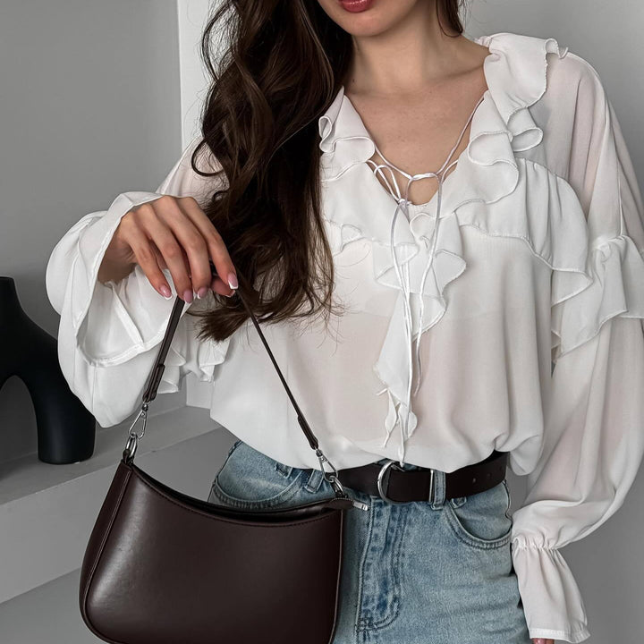 Damen Bluse mit verspieltem Volant und Bindegürtel Drune