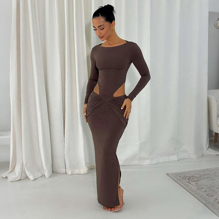 Damen Figurbetontes Maxikleid mit transparenten Cut-Outs und Raffungen Drune