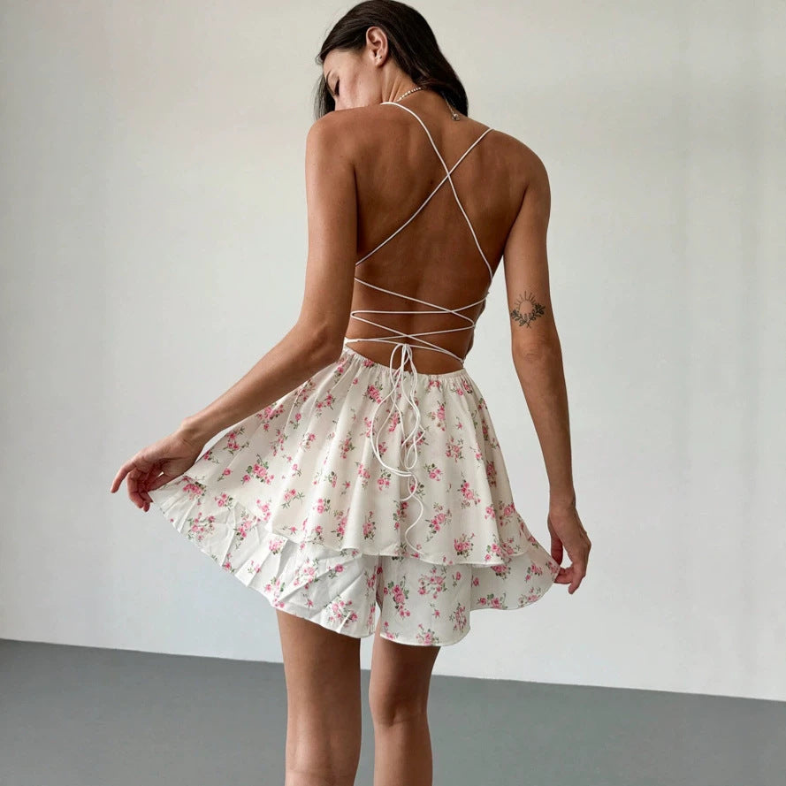 Damen Sommerliches Mini-Kleid mit verstellbaren Spaghettiträgern und floralem Druck Drune