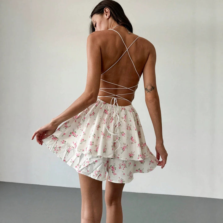 Damen Sommerliches Mini-Kleid mit verstellbaren Spaghettiträgern und floralem Druck Drune