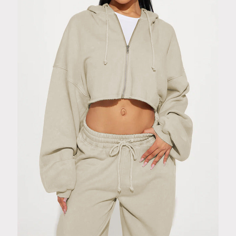 Damen nan Kapuzen-Crop-Top und weite Jogginghose Lounge-Set aus weichem Fleece Drune