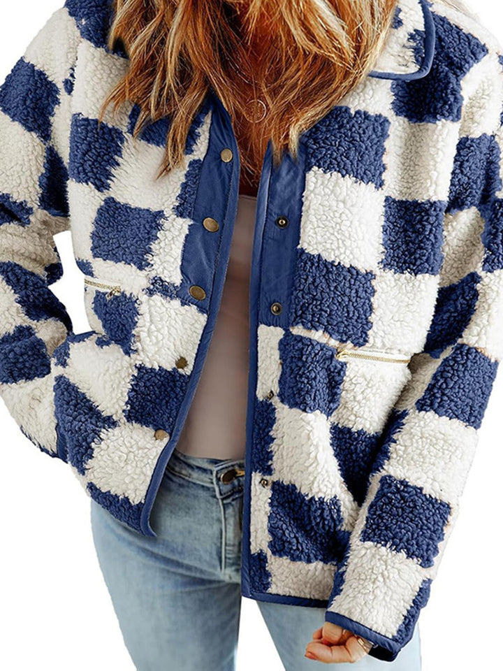 Damen flauschige Karojacke mit praktischen Taschen und Knopfverschluss Drune