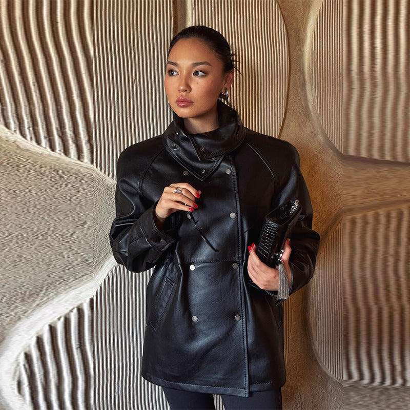 Damen Modische Kunstlederjacke mit hohen Kragen und praktischen Taschen Drune